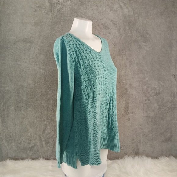 NWT KAREN SCOTT Textured Patchwork Sweater MEDIUM(8-10) Teal Aqua Cotton V-neck - Picture 5 of 12